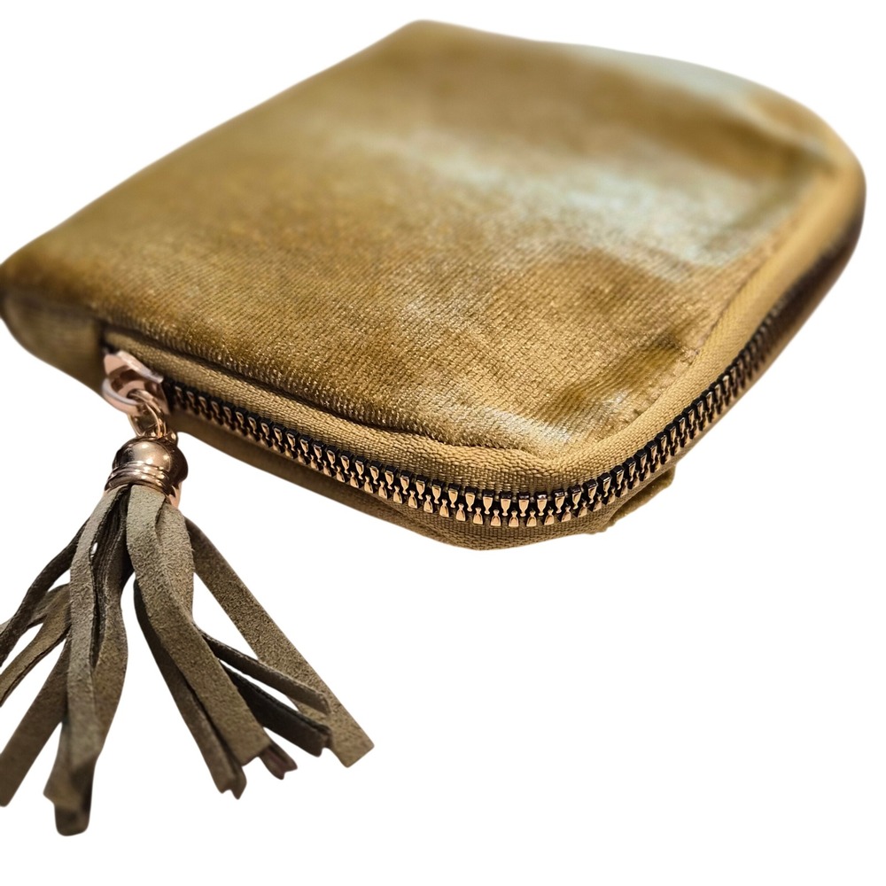 Gold Velvet Accordion Card Wallet Tassel Zipper Small Pouch Organizer Mustard